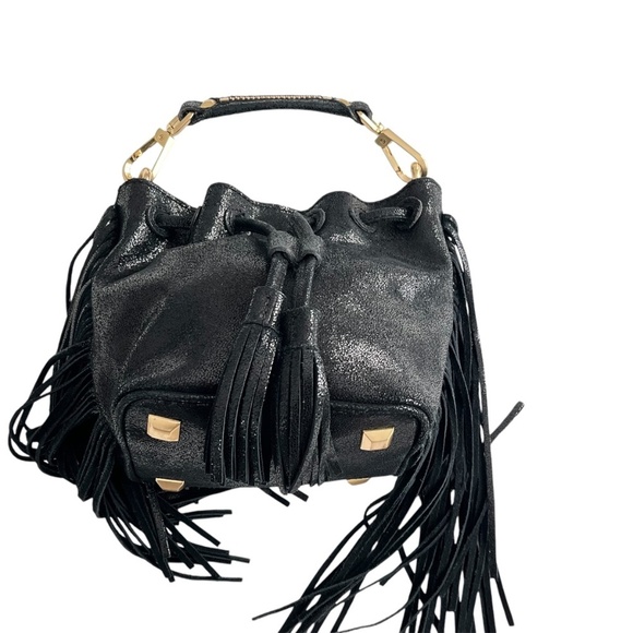 Brian Atwood Pippa Bucket Bag Black Metallic Mini Edgy Glam Western Fringe Boho - Picture 3 of 12